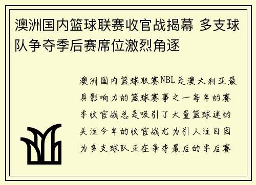 澳洲国内篮球联赛收官战揭幕 多支球队争夺季后赛席位激烈角逐