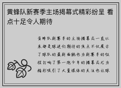 黄蜂队新赛季主场揭幕式精彩纷呈 看点十足令人期待