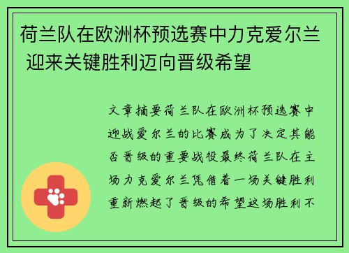 荷兰队在欧洲杯预选赛中力克爱尔兰 迎来关键胜利迈向晋级希望